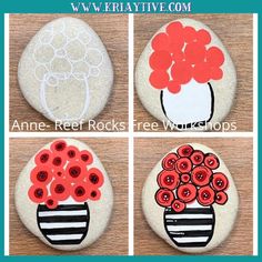 four pictures of rocks with flowers painted on them