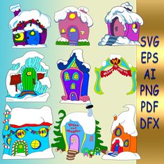 a set of cartoon houses with snow on the top and bottom, all in different colors