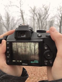 a person holding up a camera to take a photo in front of trees and leaves