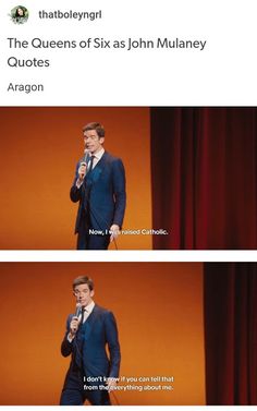 a man standing on top of a stage in front of a red curtain with the caption that reads, the queens of six john mulaney quotes aaron