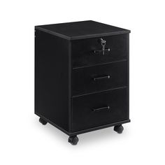 a black filing cabinet with three drawers on wheels