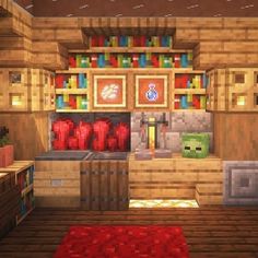 an image of a room in minecraft with lots of items on the shelves and floor