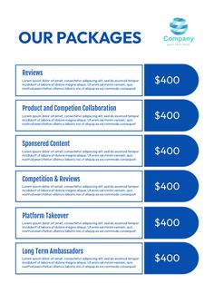 the pricing sheet for our packages is shown in blue and white, with four options to choose