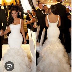 two pictures of a woman in a wedding dress at a formal event, one is wearing a tulle skirt and the other has an open back