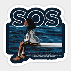 a woman sitting on top of a surfboard in the ocean with sos written above her