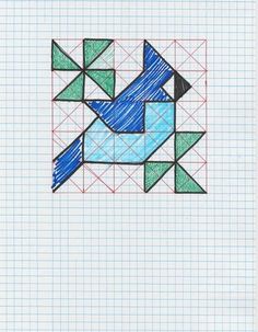 a drawing of an abstract design with blue, green and black shapes on graph paper