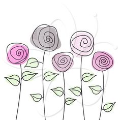 pink and gray flowers with green leaves on a white background posters, art prints & canvas