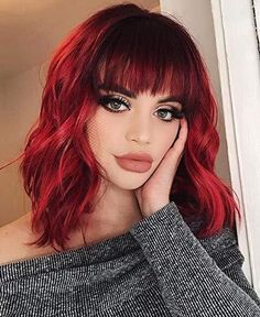 This Short Red Bangs Wig is made from 100% high-quality heat resistant synthetic fiber, close to human hair, natural looking and real, tangle-free, sheeding-free. 【Soft and Bouncy, Comfortable Weraing】Natural Wave 14 inch red wig with bangs for Women, looks like your real hair, modify your face and cover your forehead perfectly. This machine made glueless short red wavy curly wig perfectly fits the most people's head, about fit 21.25"-22.5" head circumference. 2 adjustable straps easy to adjust Red Hair With Bangs, Vivid Hair Color, Curly Bob Wigs, Amazing Makeup, Red Wigs, Red Hair Color, Grunge Hair, Brunettes, Hairstyles With Bangs