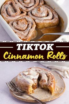 cinnamon rolls with icing in a baking dish and on a plate next to a fork