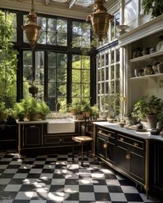 the kitchen is decorated in black and white checkerboard flooring, with potted plants on the windowsill