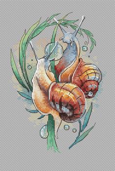 a cross stitch pattern with an image of a snail on it's back and leaves