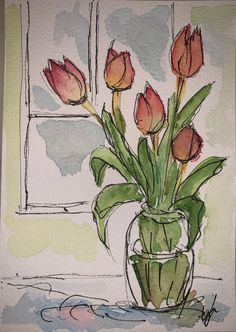 a watercolor painting of some flowers in a glass vase on a table next to a window