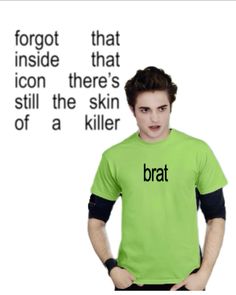 a young man wearing a green shirt with the word brat on it's chest