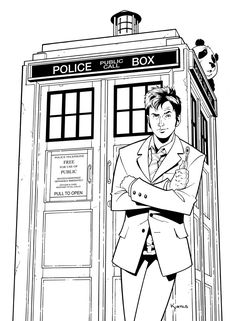 a black and white drawing of a doctor who is standing in front of a phone booth