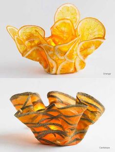 two pictures of orange slices in a glass bowl