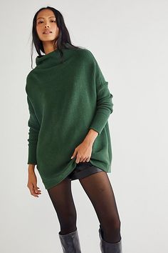 **Fit:** For a more tailored fit, size down. Heavy knit ribbed tunic sweater featured in a slouchy, oversized fit. * Stretchy fabric * Sleek mock neck Sweater Leggings Outfit, Tunic Sweaters, Green Sweaters, Tunic Outfit, Sweater Leggings, Baggy Sweaters, Knit Cardi, Tie Dye Shirts, Cabin Fever