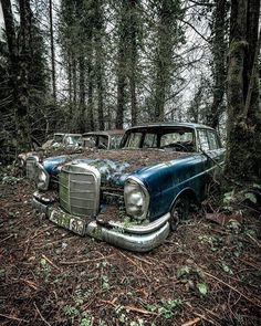 an old car is sitting in the woods