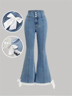 SHEIN MOD Women Retro Sweet Bow Flared Jeans Stretch Blue,Elegant Women Jeans,Cute Bow Jeans,Blue Lace Jeans,Homecoming Jeans,Fall Clothes,Flare Sweats,Flare JeansI discovered amazing products on SHEIN.com, come check them out! Homecoming Jeans, Flare Sweats, Bow Jeans, Lace Jeans, Best Jeans For Women, Casual Denim Jeans, Womens Denim Skirts, Eid Outfit, Fall Jeans