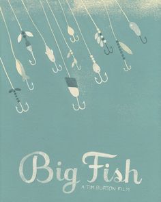 an advertisement for the big fish film, with fishing hooks and lures hanging from strings