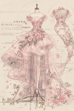 a drawing of a dress with pink flowers on the skirt and top, as well as roses