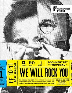 an advertisement for we will rock you, with the image of a man in glasses