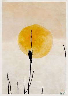 a bird sitting on top of a tree branch in front of a yellow and orange sun