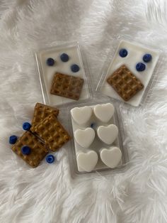 waffles and blueberries are arranged in plastic containers on a white fur surface