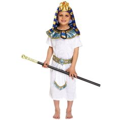 Pharoah costume consisting of a white, knee length, crushed velvet look tunic with velcro fastening to back. A stunning Pharoah's collar, intricately decorated with sequins and brocade and a coordinating belt with adjustable fastening to back. To complete this costume also included is a traditional style, blue and gold, striped Pharoah headdress with adjustable under chin velcro fastening and charming snake accent. Material: 100% polyester.Care: Machine wash or hand wash.Gentle care - Do not use dryer.Do not use bleach. Pharoah Costume, Cleopatra Outfit, Egyptian Fancy Dress, Egypt Costume, Fancy Dress Costumes Kids, Biblical Costumes, Pharaoh Costume, Boys Fancy Dress, Egyptian Pharaoh