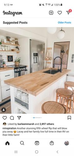 the instagram page on instagram com shows an image of a kitchen with white cabinets and wood countertops