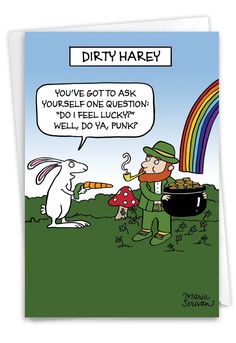 a greeting card with a cartoon rabbit holding a pot of food and a rainbow in the background