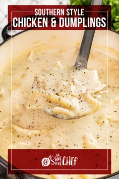 chicken and dumpling soup in a skillet with a spoon