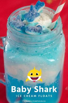 baby shark ice cream floats in a mason jar