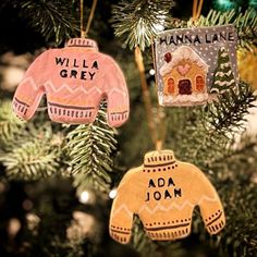 two ornaments hanging from a christmas tree decorated with sweaters and mittens, which are personalized