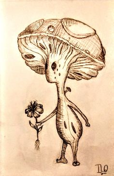 a drawing of a mushroom holding a flower