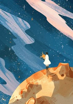 an illustration of a person standing on top of a mountain looking at the stars in the sky