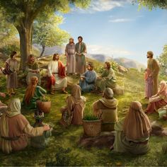 an image of jesus talking to the people in the field that is surrounded by sheep