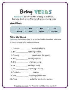 an english worksheet with the words being verbs and in front of it