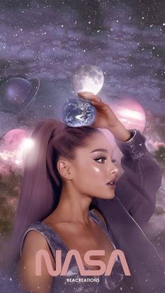 an image of a woman holding a crystal ball above her head with space in the background