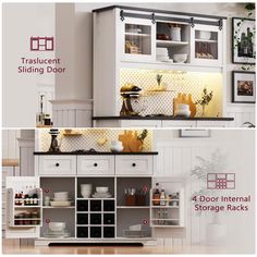 two pictures show the inside and outside of a kitchen with white cabinets, drawers, and shelves