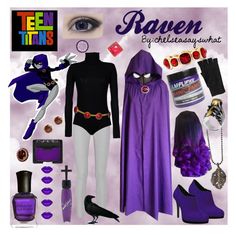 the costume is purple and black, with accessories including an eye - catching caper