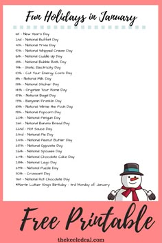 a free printable holiday in january list with snowman and text that reads fun holidays in january