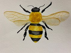 a watercolor painting of a bee on a white paper with black and yellow stripes