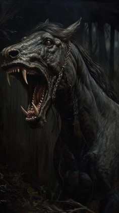 a large black horse with its mouth open and it's teeth wide open in the dark