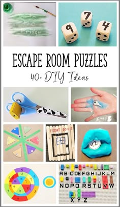 the pin has nine escape room puzzle images.  From dice with numbers to locked scissors and numbers and codes hidden in sticks and play dough. Diy Escape Room For Kids, Diy Escape Room Ideas, Escape Room Puzzle Ideas