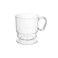 a clear glass cup with a handle on the side and a saucer underneath it