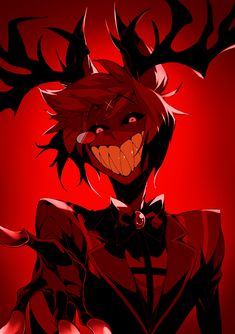 an anime character with red hair and antlers on his head, smiling at the camera