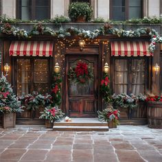 christmas decorations adorn the front door of a building