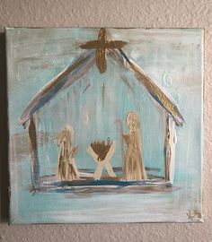 a painting of three people holding hands in front of a nativity scene with a star above them