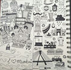 a notebook with drawings on it and the words mumbai written in black ink next to an image of a city