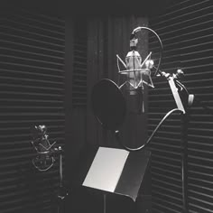 a black and white photo of a microphone in front of shutters